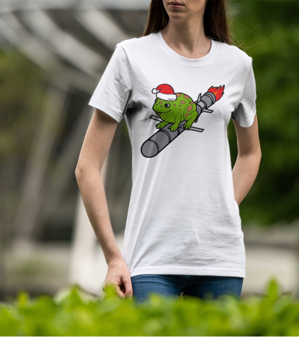 Missile Toad Christmas Frog With Santa Hat Riding A Rocket T-Shirt