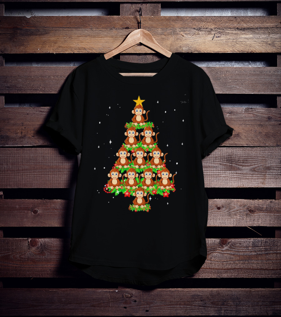 Monkey Christmas Tree Star Top Holiday Decor T-Shirt