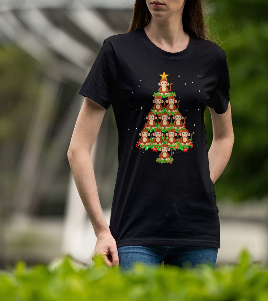 Monkey Christmas Tree Star Top Holiday Decor T-Shirt