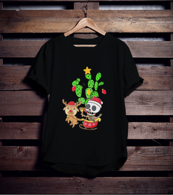 Nopalito Calacas Feliz Navidad Cactus Skeleton Reindeer Christmas T-Shirt