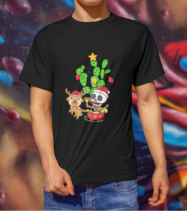 Nopalito Calacas Feliz Navidad Cactus Skeleton Reindeer Christmas T-Shirt