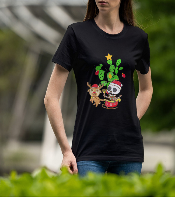 Nopalito Calacas Feliz Navidad Cactus Skeleton Reindeer Christmas T-Shirt