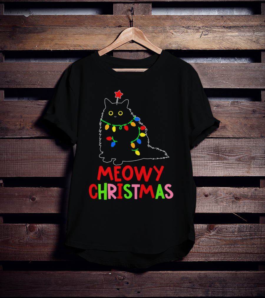 Meowy Christmas Black Cat With Lights T-Shirt