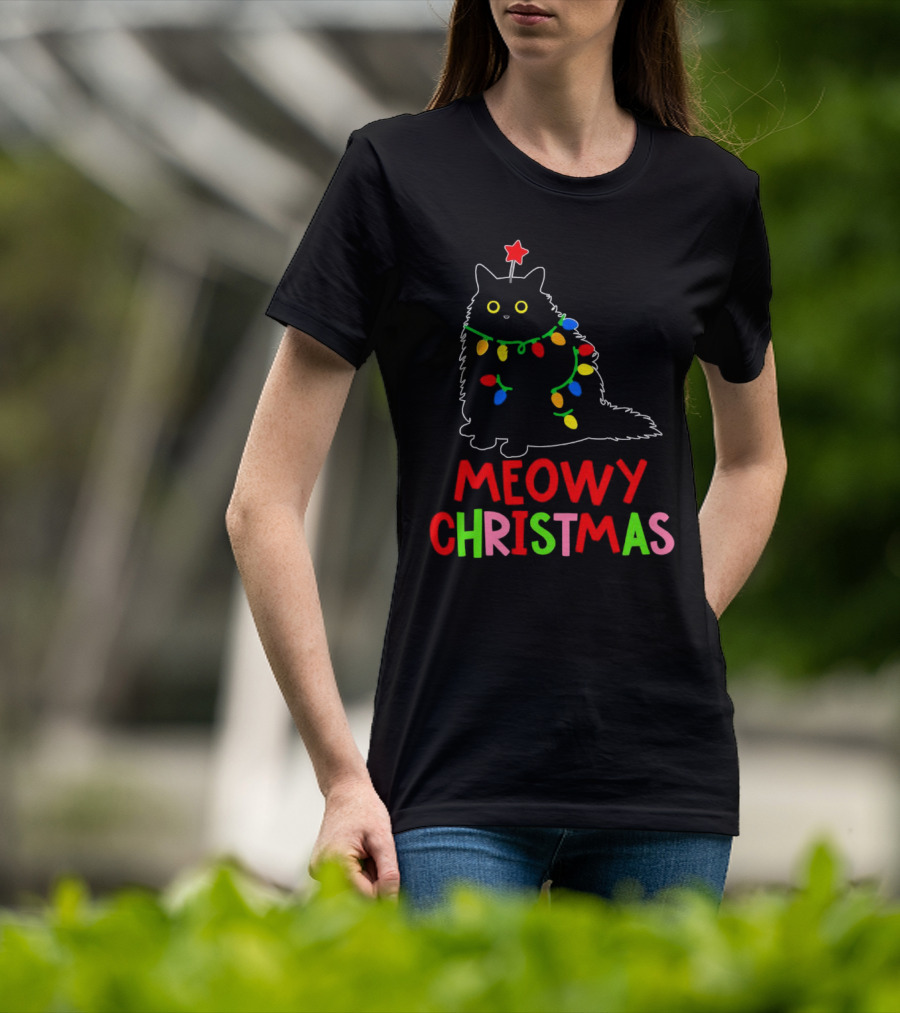Meowy Christmas Black Cat With Lights T-Shirt