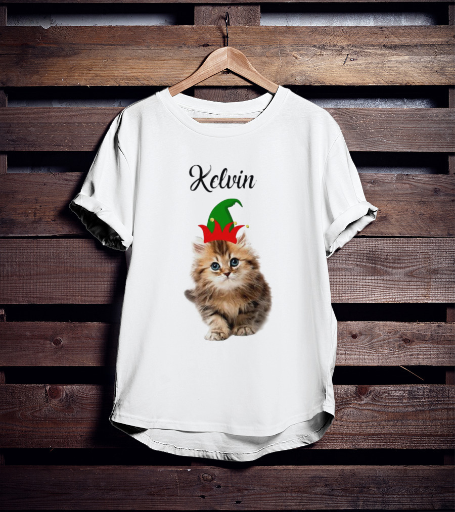 Kelvin Cat Wearing Elf Hat Merry Christmas Custom Name T-Shirt