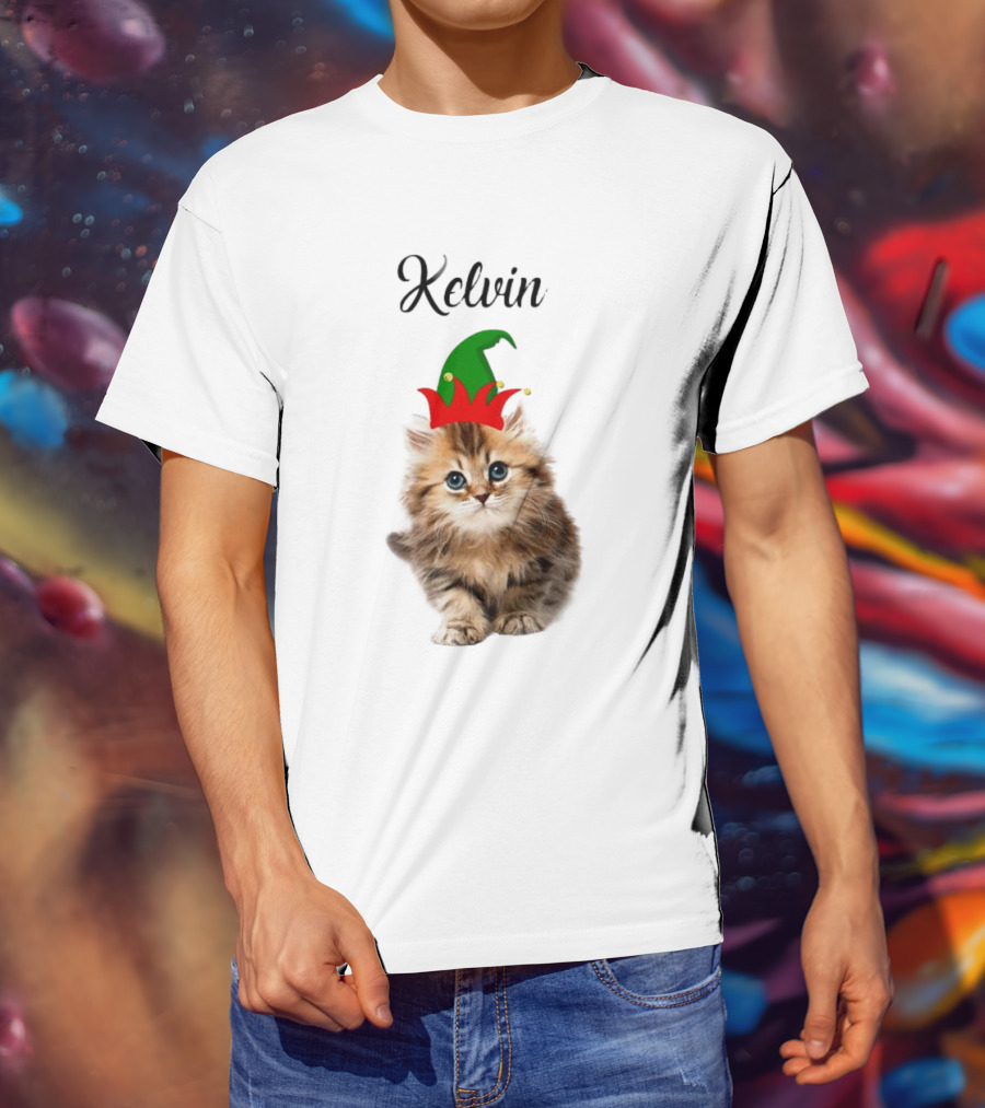 Kelvin Cat Wearing Elf Hat Merry Christmas Custom Name T-Shirt