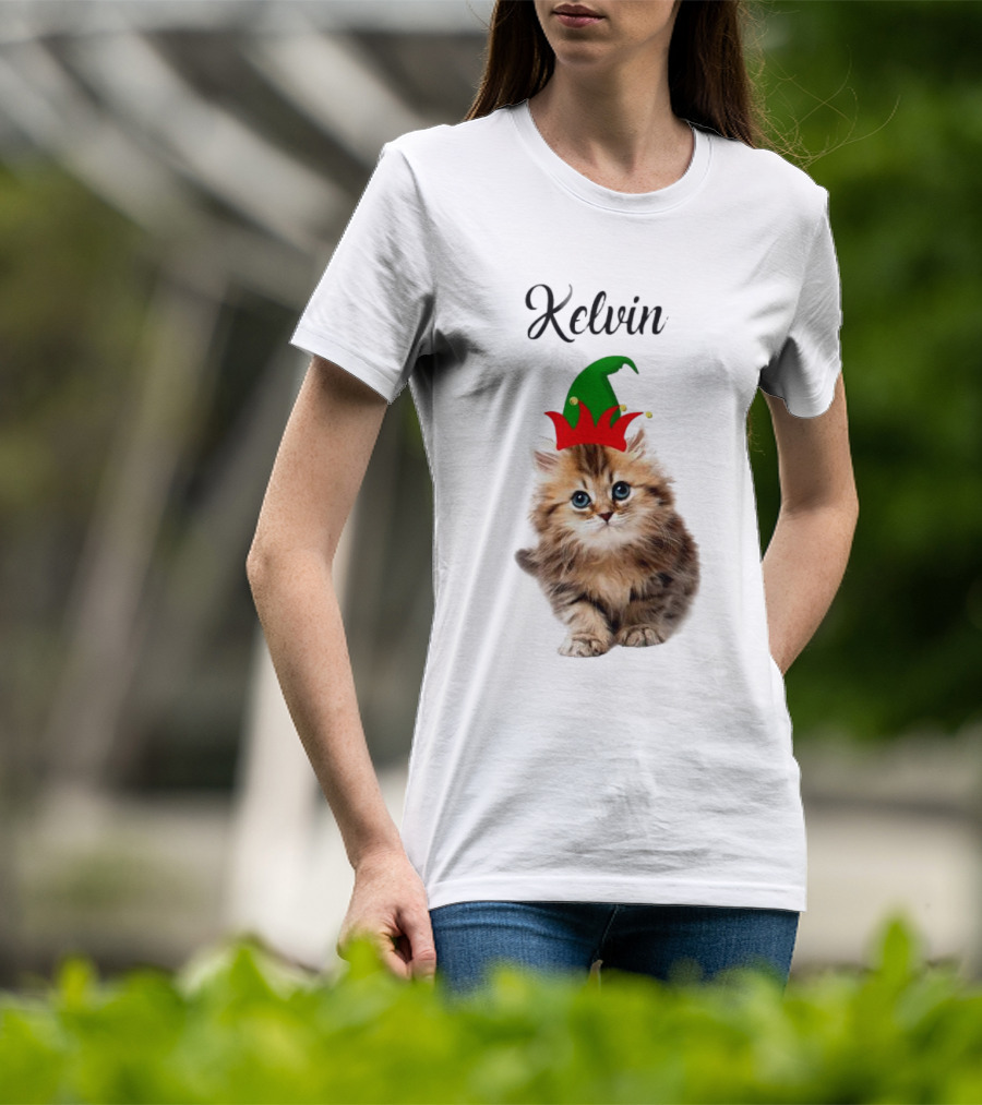 Kelvin Cat Wearing Elf Hat Merry Christmas Custom Name T-Shirt