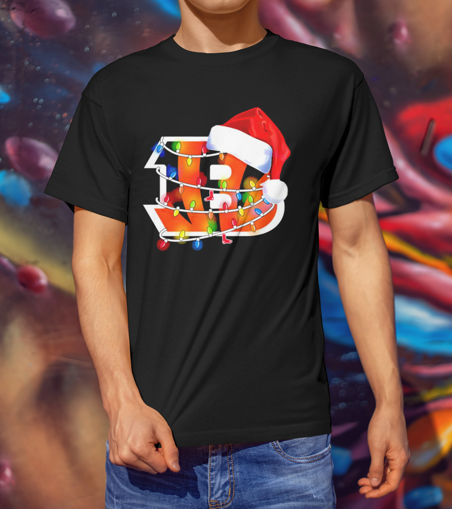 Cincinnati Bengals Christmas Lights Santa Hat Logo Holiday Football T-Shirt