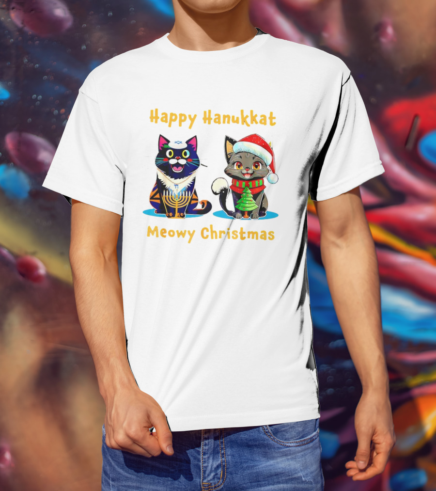 Happy Hanukkat Meowy Christmas Cats In Festive Holiday Attire T-Shirt