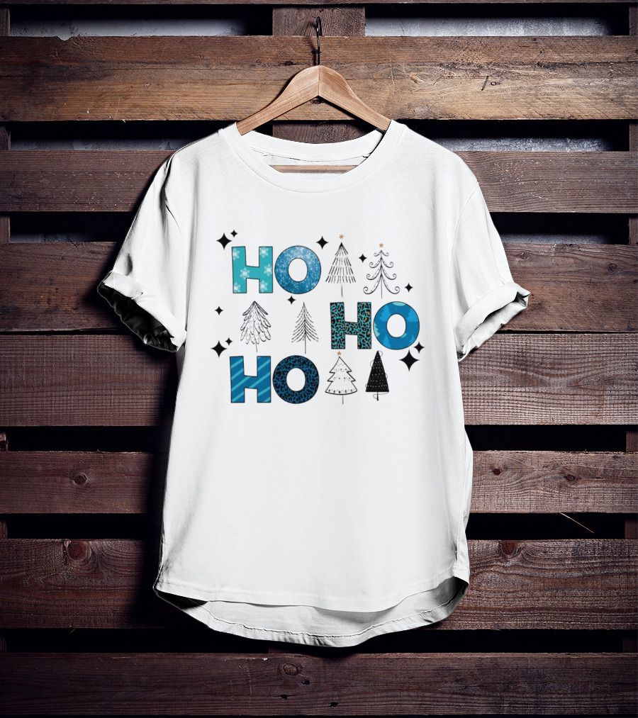 Hohoho Christmas Blue Patterns With Trees And Stars T-Shirt