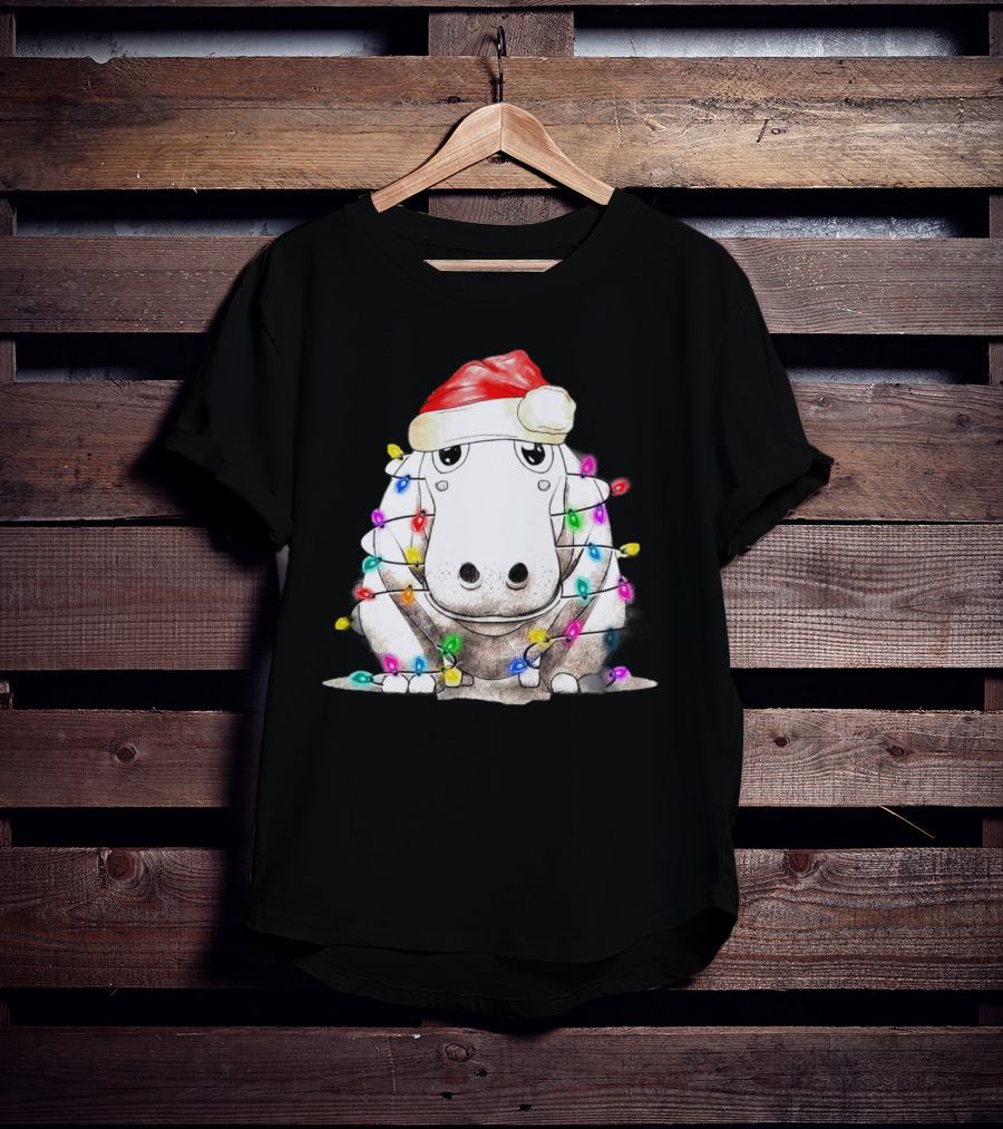 Santa Hippo Wrapped In Christmas Lights With Santa Hat T-Shirt