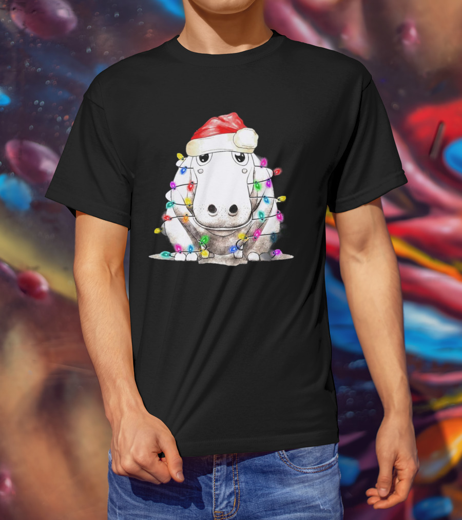 Santa Hippo Wrapped In Christmas Lights With Santa Hat T-Shirt