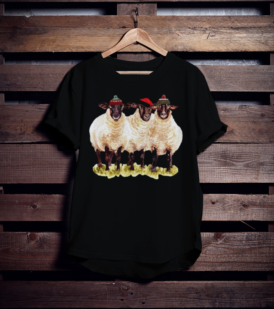 Merry Christmas Santa Sheep Trio With Festive Hats T-Shirt