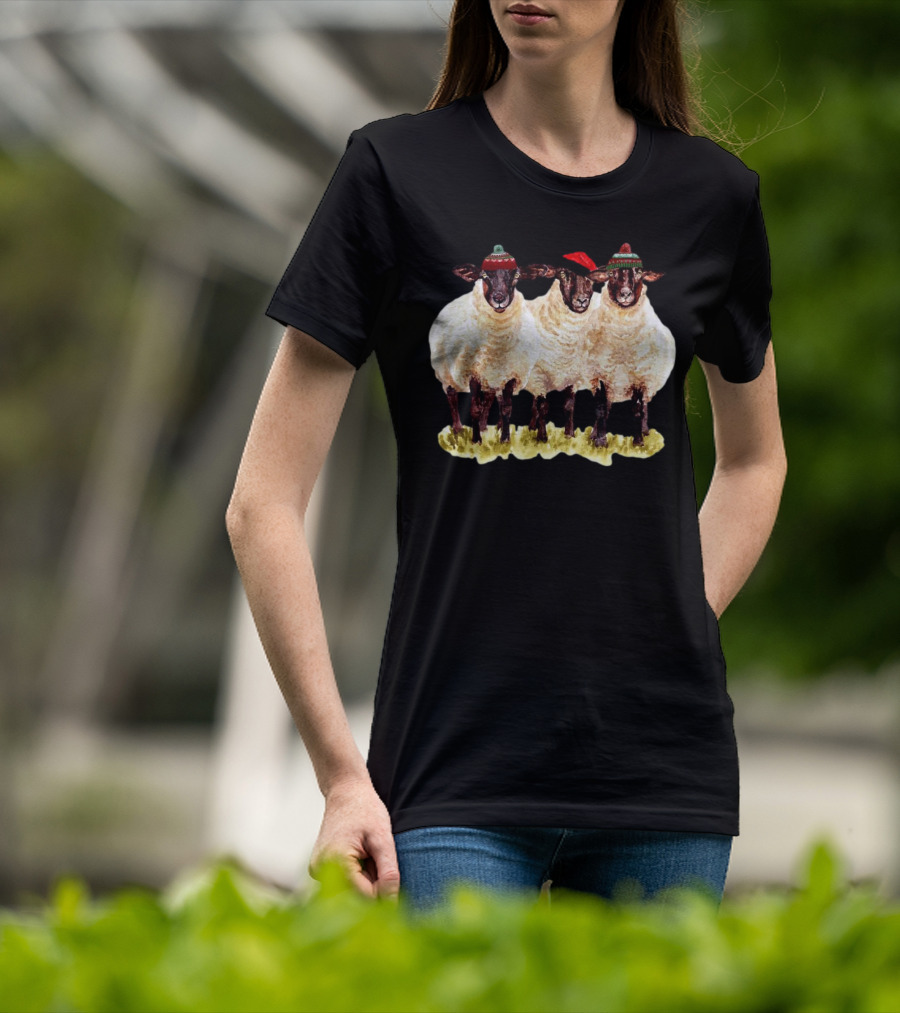 Merry Christmas Santa Sheep Trio With Festive Hats T-Shirt