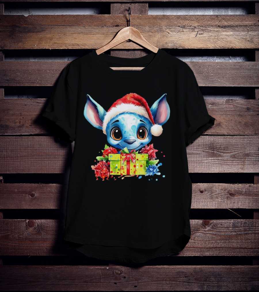 Santa Stitch Holiday Cheer With Christmas Present And Santa Hat T-Shirt