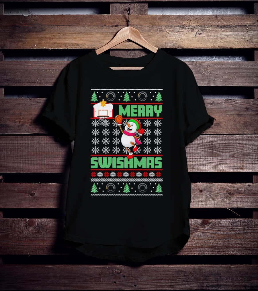 Merry Swishmas Snowman Playing Basketball Holiday T-Shirt