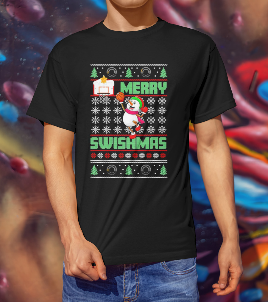Merry Swishmas Snowman Playing Basketball Holiday T-Shirt
