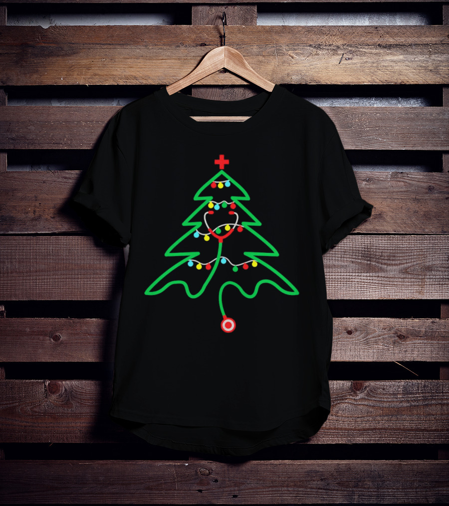 Stethoscope Shaped Christmas Tree With Holiday Lights T-Shirt