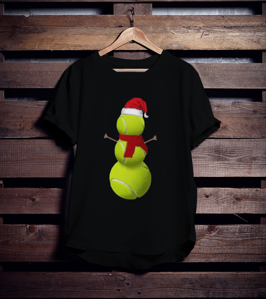 Tennis Ball Snowman With Santa Hat And Scarf Merry Christmas T-Shirt