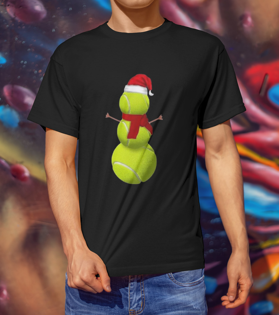 Tennis Ball Snowman With Santa Hat And Scarf Merry Christmas T-Shirt