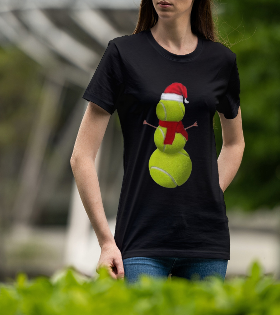 Tennis Ball Snowman With Santa Hat And Scarf Merry Christmas T-Shirt