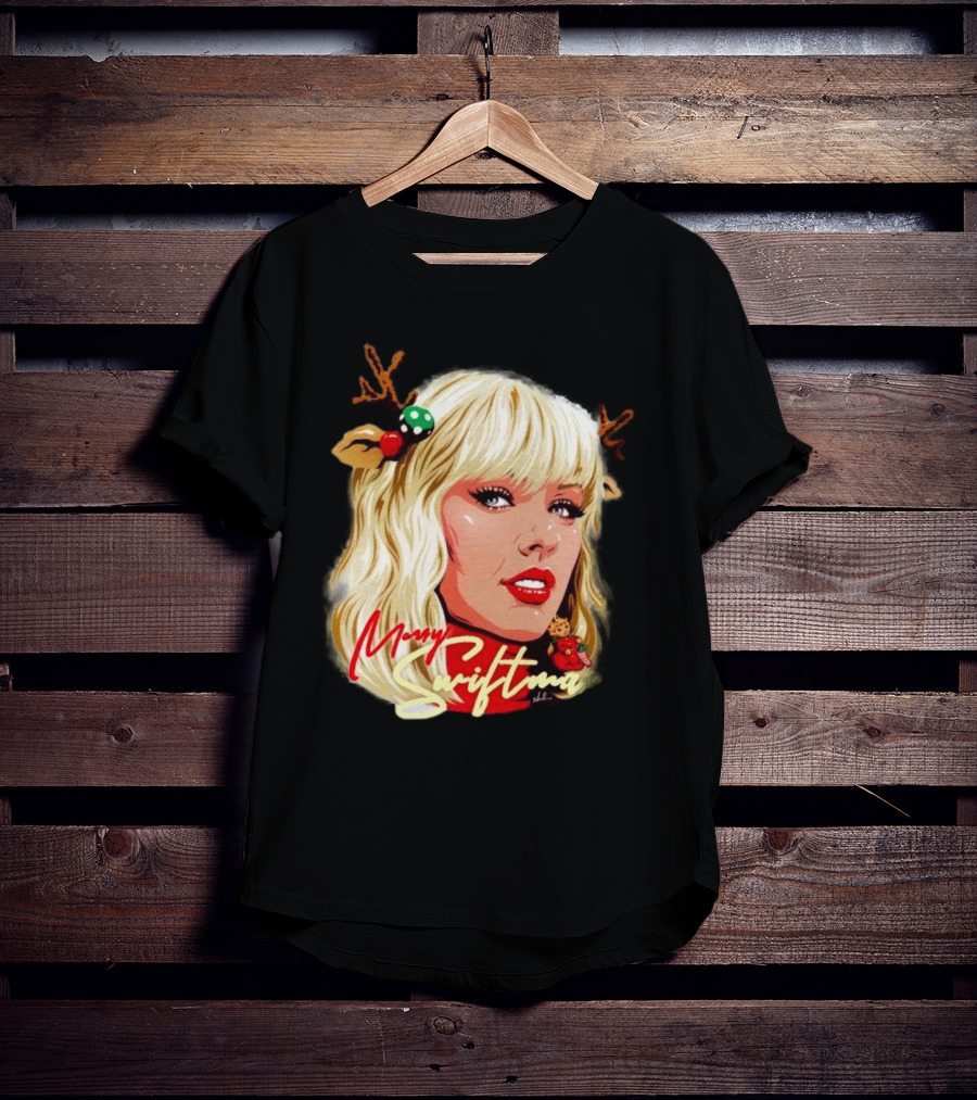 Merry Swiftmas Christmas Reindeer Antlers Bluscious Red Lips Holiday T-Shirt