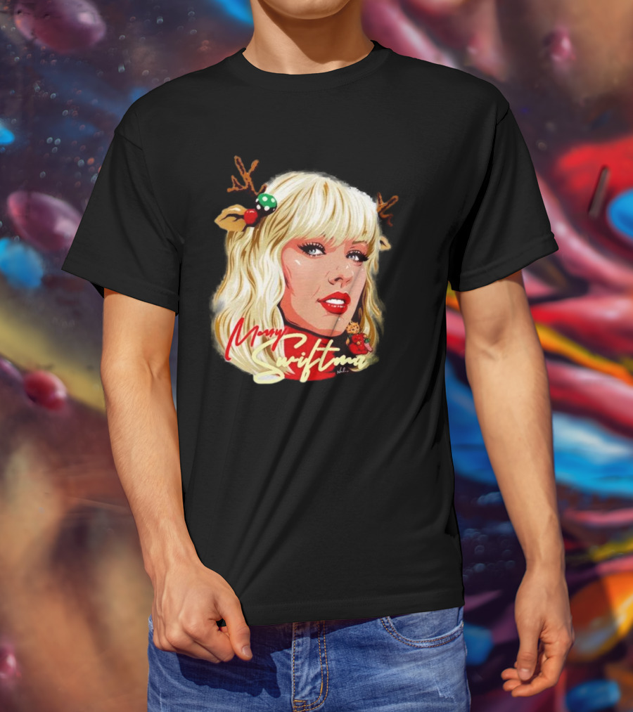 Merry Swiftmas Christmas Reindeer Antlers Bluscious Red Lips Holiday T-Shirt