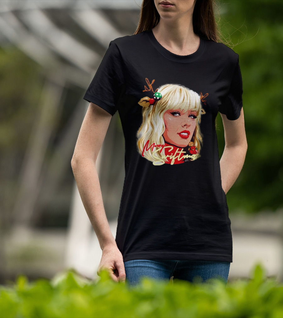 Merry Swiftmas Christmas Reindeer Antlers Bluscious Red Lips Holiday T-Shirt