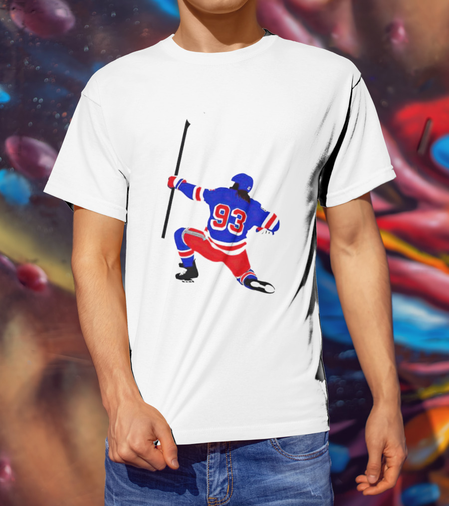 Mika Zibanejad Number 93 Hockey Celebration Iconic Bowing Pose T-Shirt