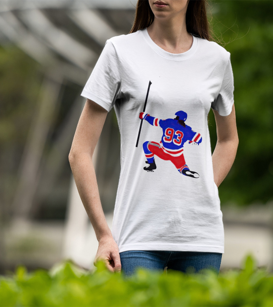 Mika Zibanejad Number 93 Hockey Celebration Iconic Bowing Pose T-Shirt