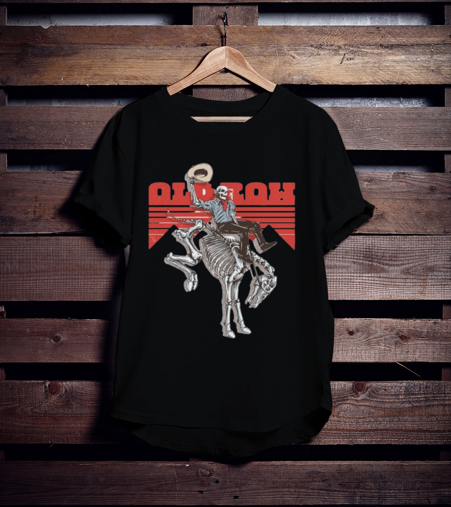 Old Row Skeleton Cowboy Riding A Skeleton Horse With Red Background Stripes T-Shirt