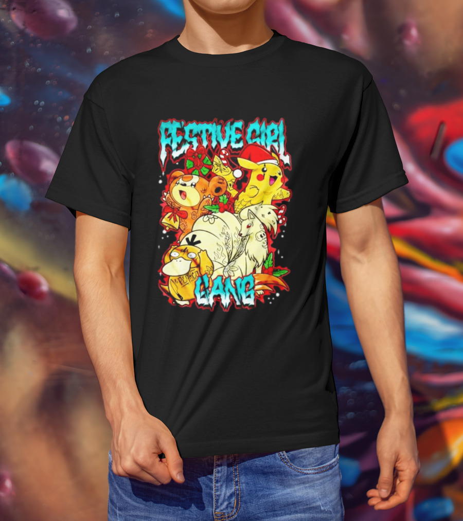 Festive Girl Gang Pokémon Pikachu Psyduck Clefairy Vulpix Christmas T-Shirt