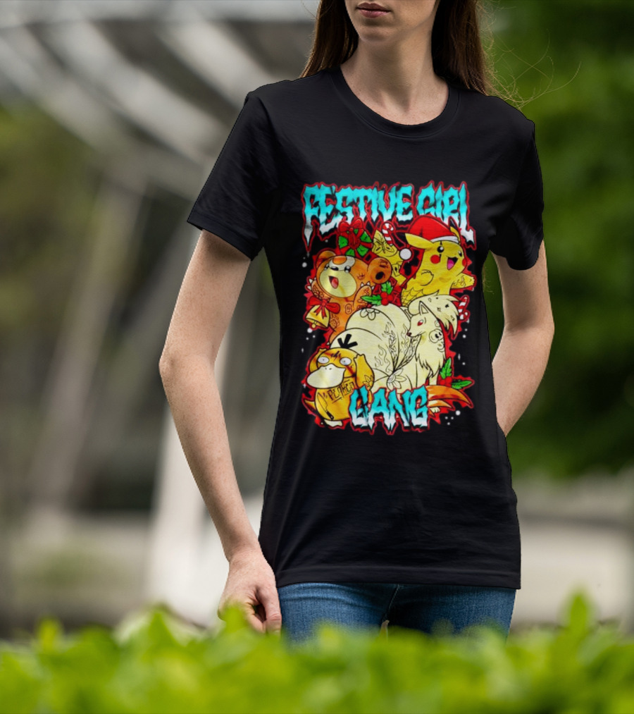 Festive Girl Gang Pokémon Pikachu Psyduck Clefairy Vulpix Christmas T-Shirt