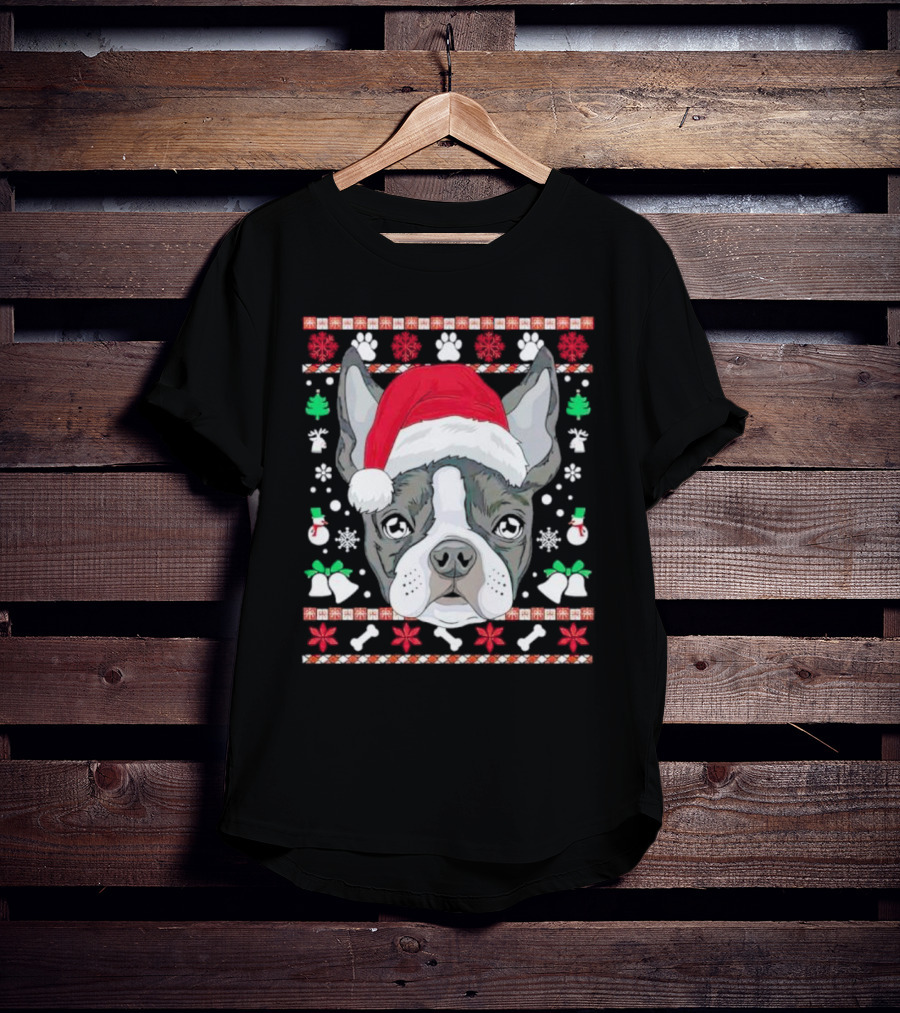 Santa Boston Terrier Ugly Christmas Sweater Paws Bells Snowflakes T-Shirt
