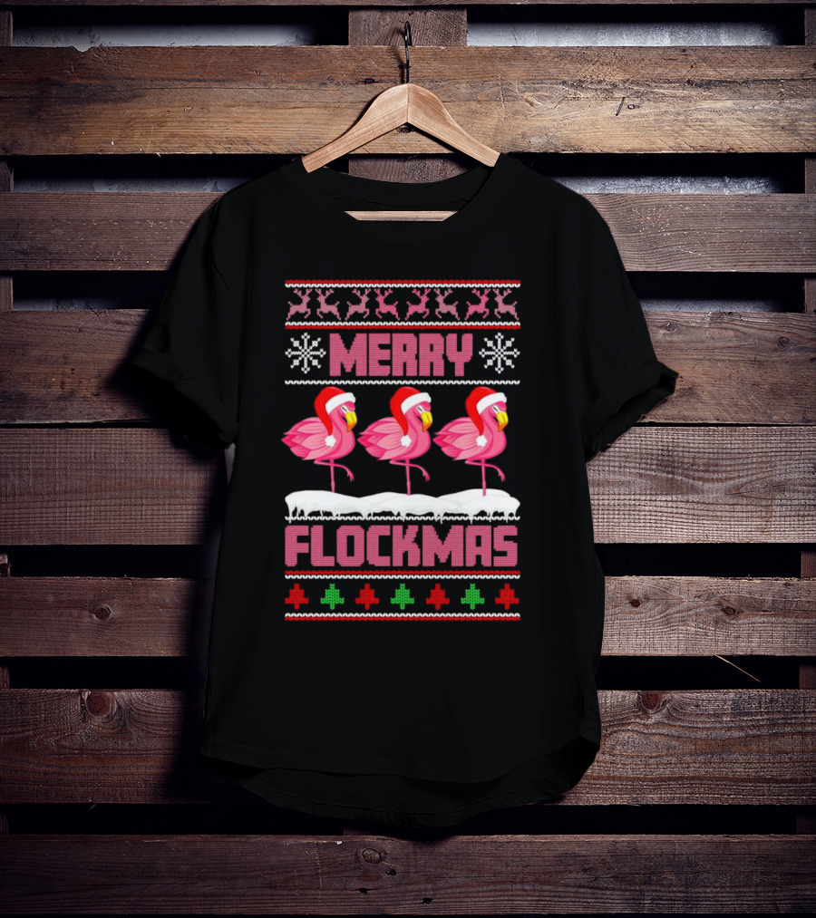 Merry Flockmas Christmas Santa Flamingo Trio Holiday T-Shirt