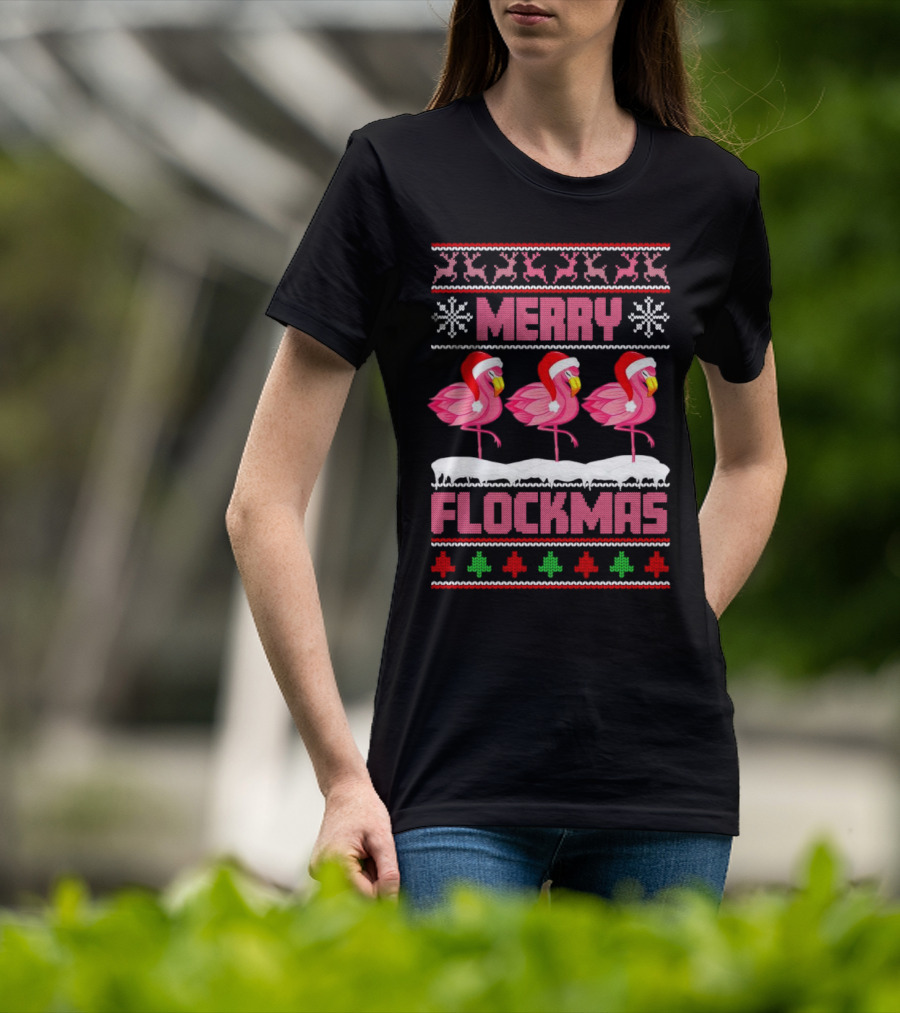 Merry Flockmas Christmas Santa Flamingo Trio Holiday T-Shirt