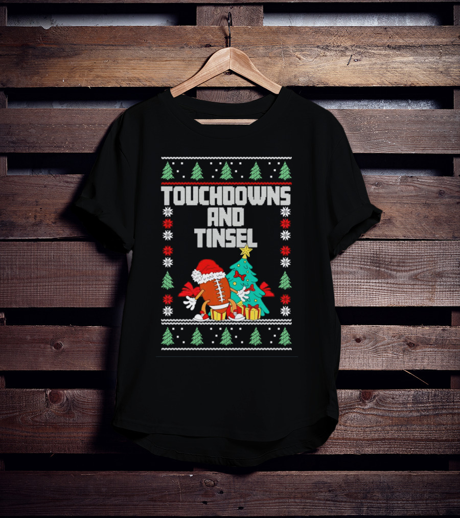 Touchdowns And Tinsel Christmas Football Santa With Tree And Gifts T-Shirt