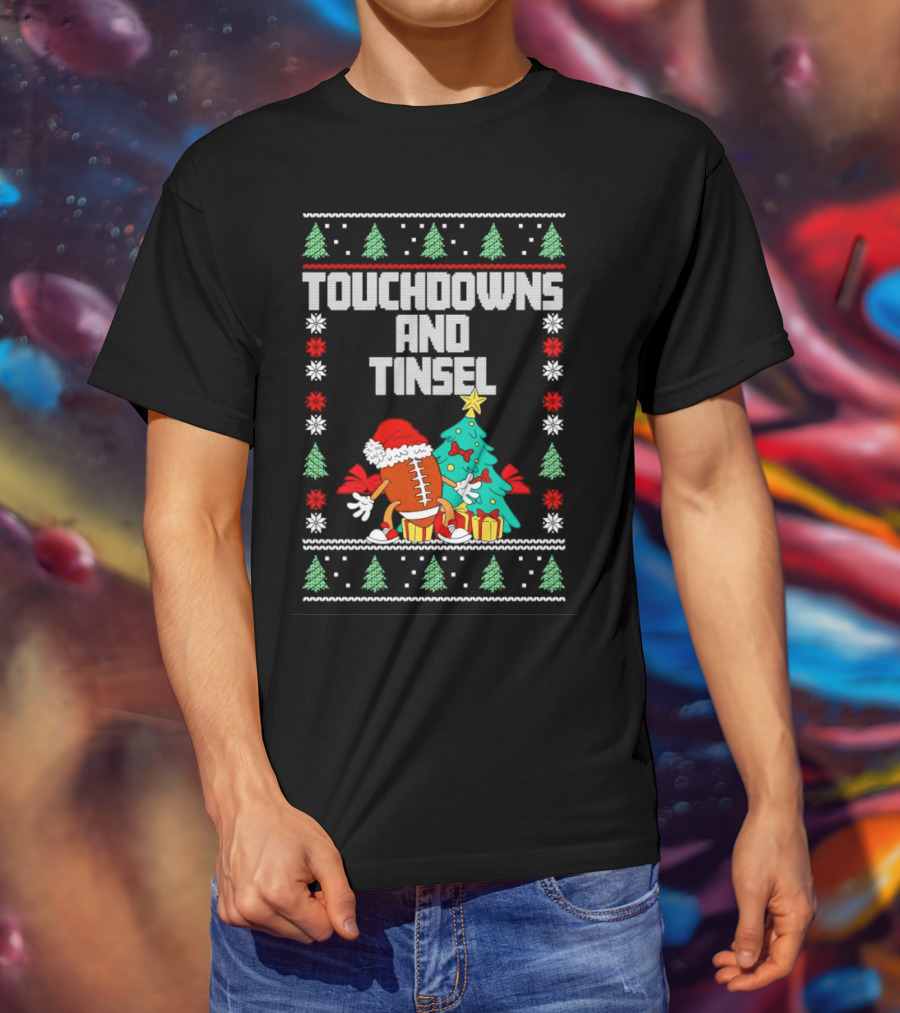 Touchdowns And Tinsel Christmas Football Santa With Tree And Gifts T-Shirt