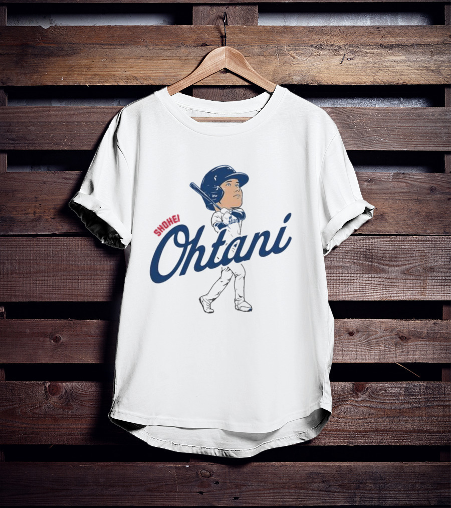 Shohei Ohtani Baseball Caricature With Blue Helmet And Batting Pose T-Shirt
