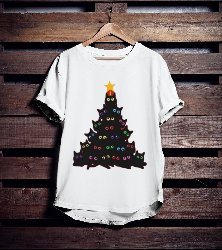 Cat Christmas Tree With Colorful Eyes And Star Top T-Shirt