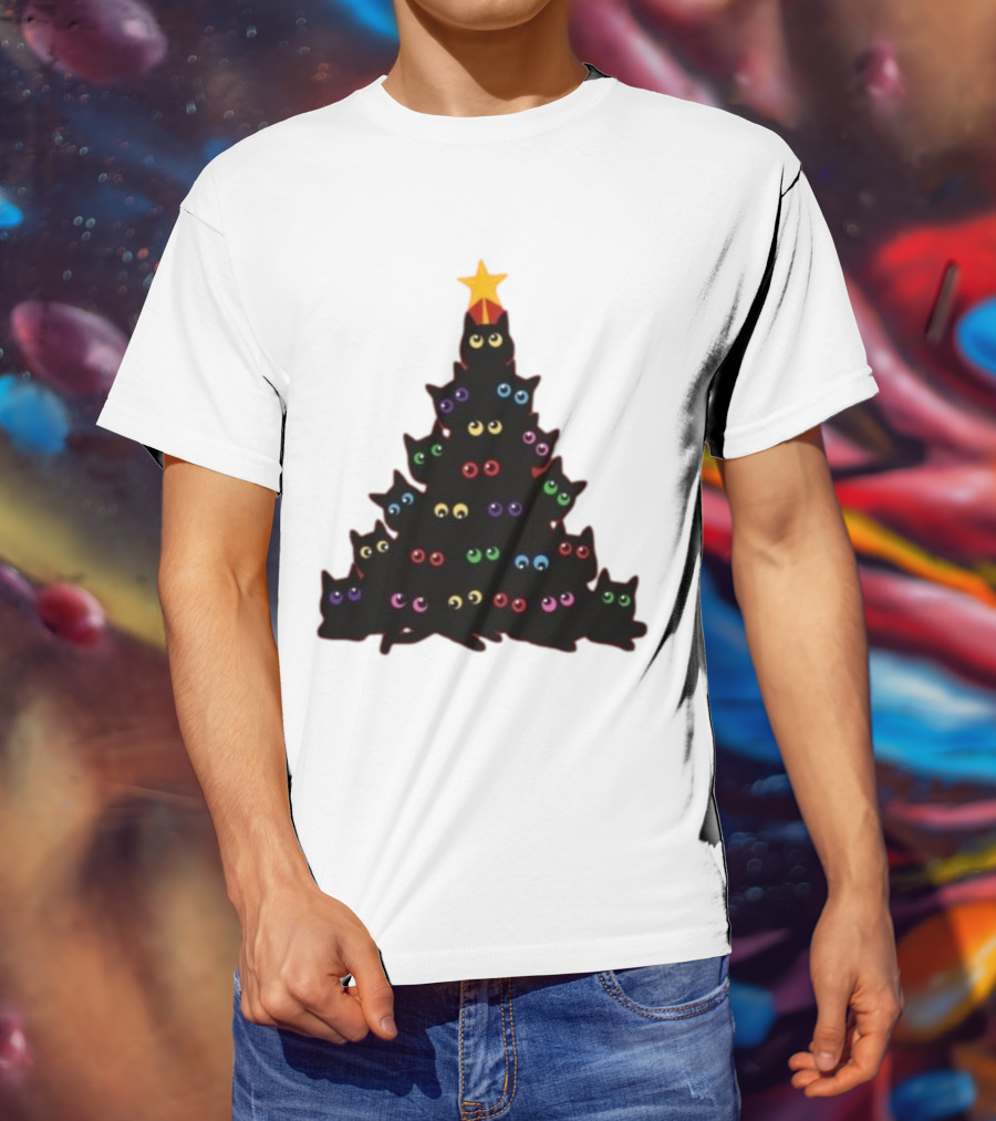 Cat Christmas Tree With Colorful Eyes And Star Top T-Shirt