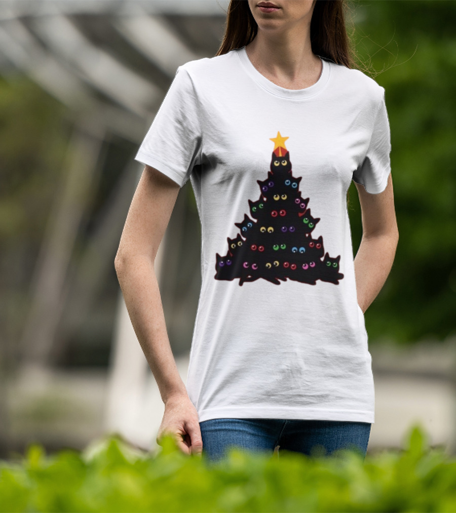 Cat Christmas Tree With Colorful Eyes And Star Top T-Shirt