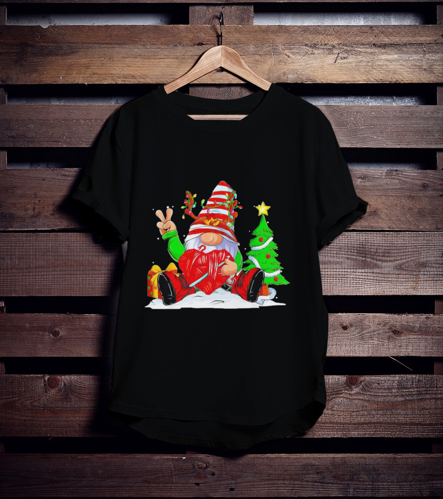 Gnome Love Peace Christmas Crochet Yarn Tree T-Shirt