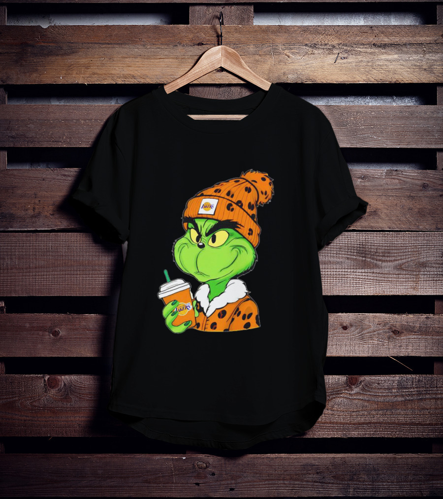 Grinch Drinking Los Angeles Lakers Cup Wearing Beanie T-Shirt