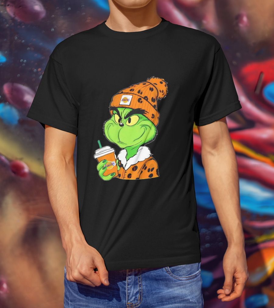 Grinch Drinking Los Angeles Lakers Cup Wearing Beanie T-Shirt