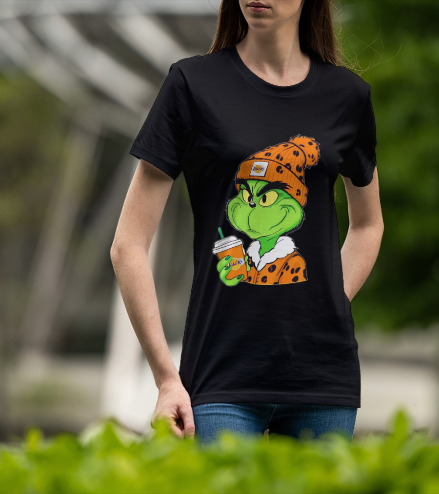 Grinch Drinking Los Angeles Lakers Cup Wearing Beanie T-Shirt