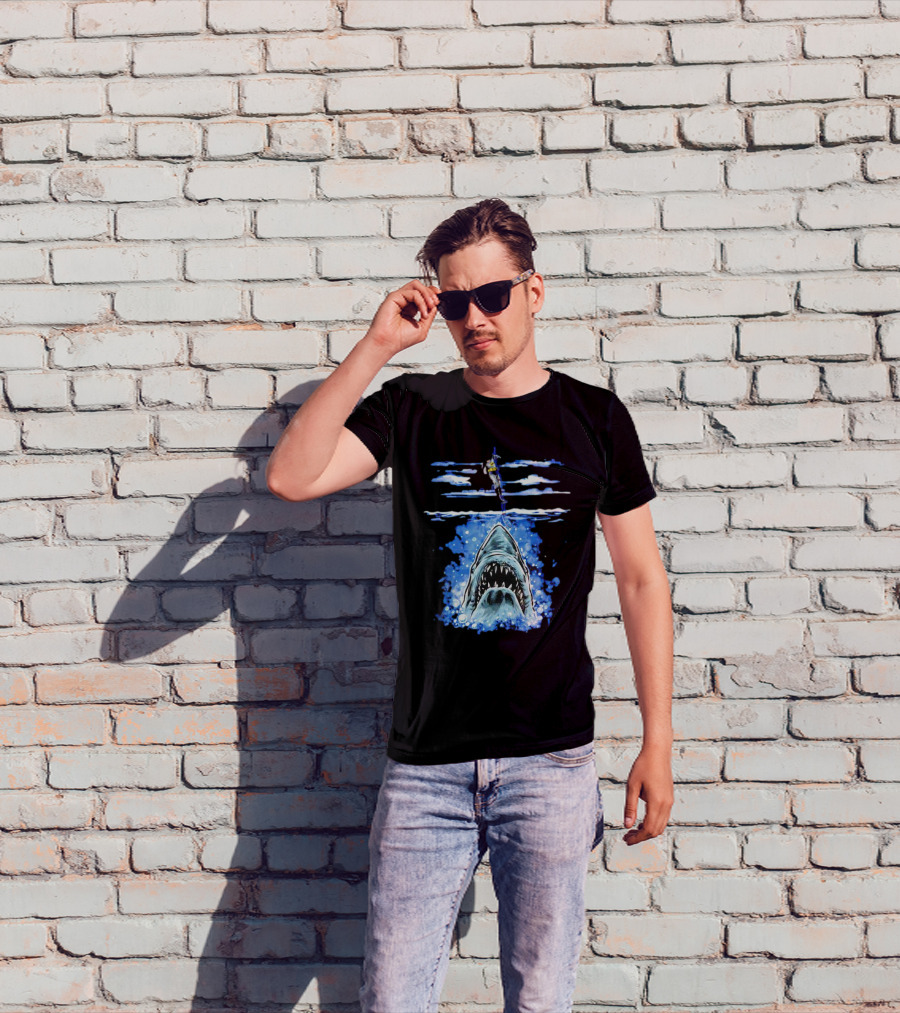 Jaws Batman Shark Repellent Hanging Above Menacing Shark T-Shirt