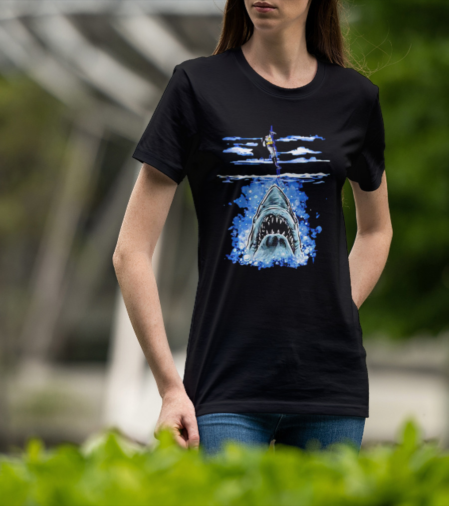Jaws Batman Shark Repellent Hanging Above Menacing Shark T-Shirt