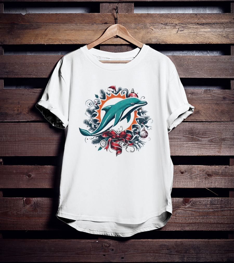 Miami Dolphins Holiday Wreath Christmas Ornament Bow T-Shirt