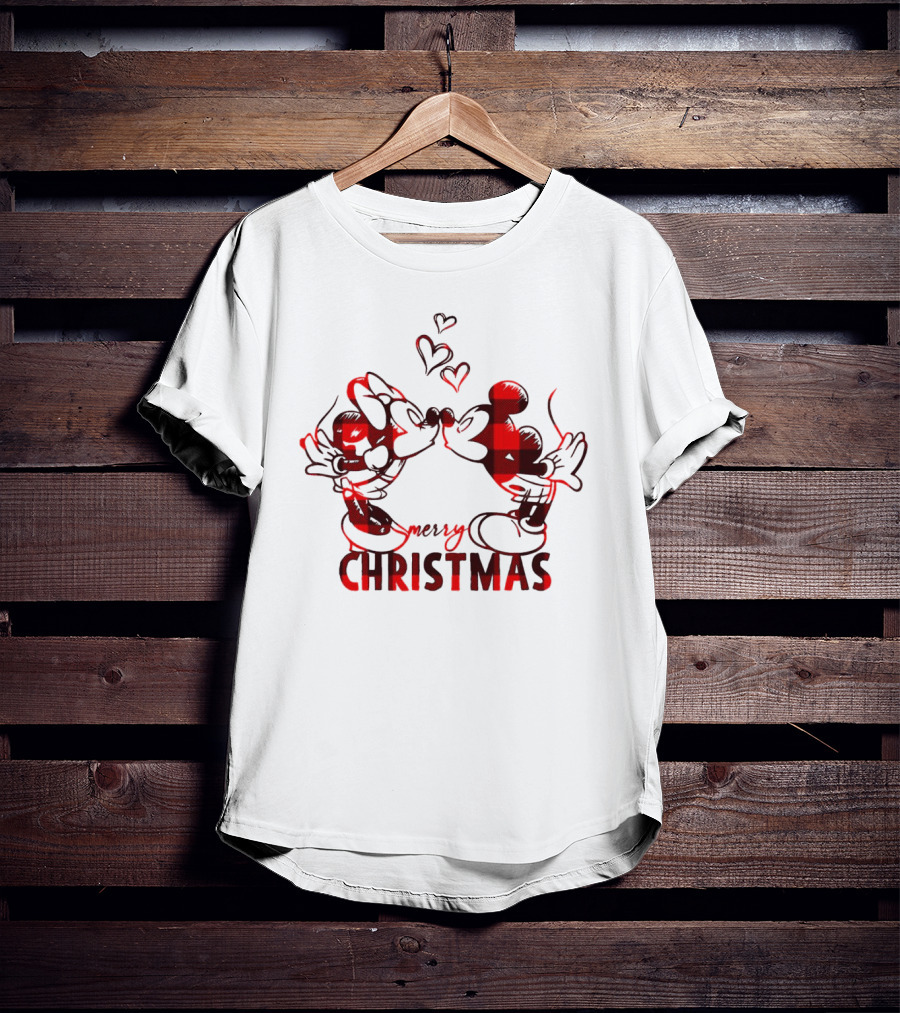 Mickey Minnie Kissing Merry Christmas Hearts Red Plaid T-Shirt